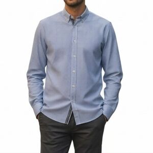 Bugatchi Uomo Shirt Men Size XL Blue Green White Square Geometric Contrast Cuff